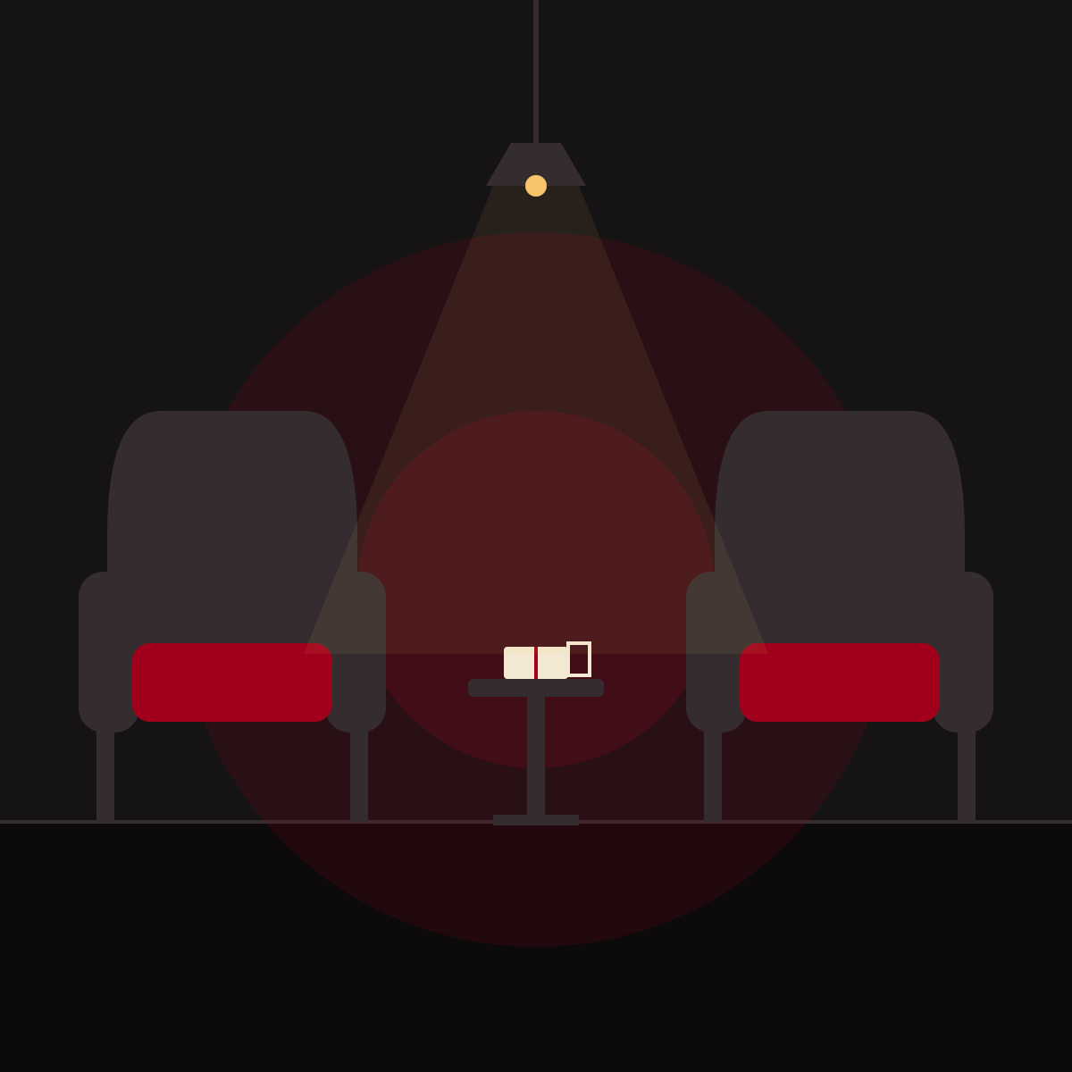 Illustration of two armchairs facing each other under a lamp