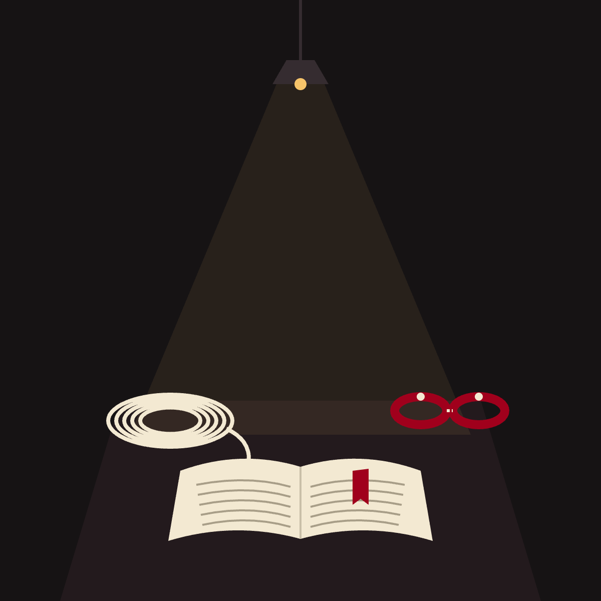 Illustration of an open book, a coil of rope and a pair of cuffs under a lamp