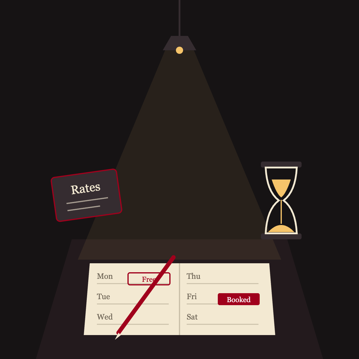 Illustration of an appointment diary, an hourglass and a rates card